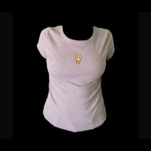 Gray short sleeve t shirt with droopy smiley face